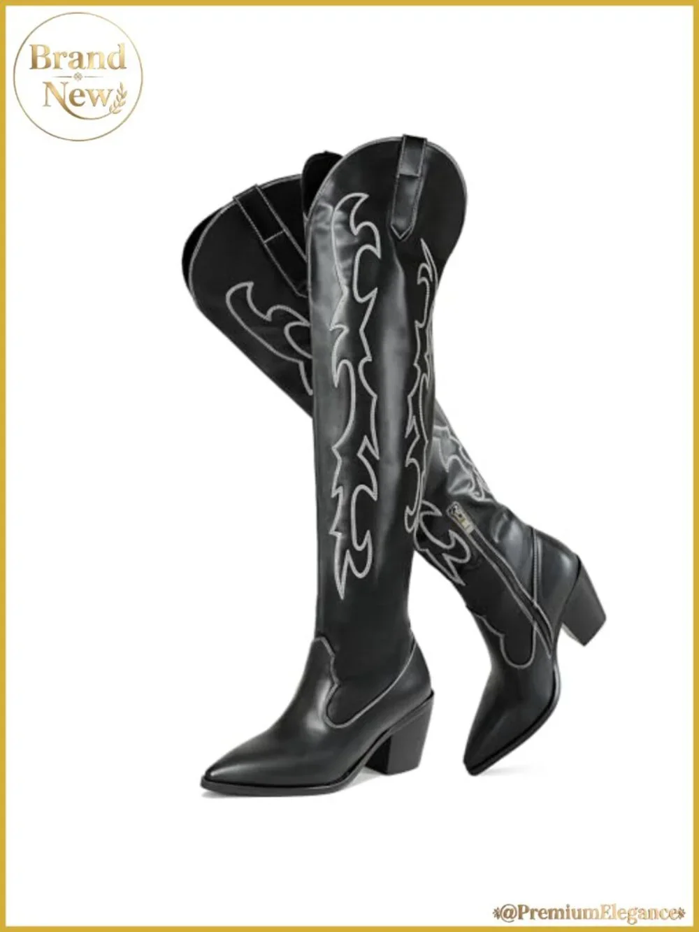 Embroidered Thigh High Cowboy Boots PU Leather Chunky Heel Over Knee